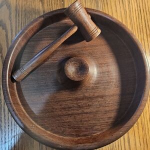 Vintage Wooden Nutcracker Set Includes A Bowl And Mallet Bowl 2" High 9 1/2 Wide